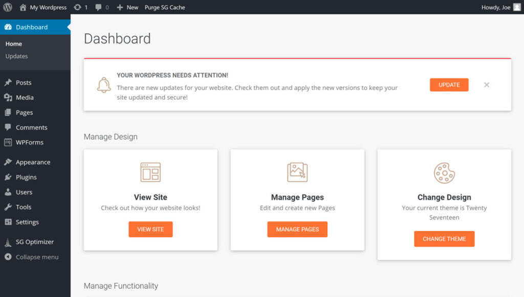 dashboard wordpress personalizzata di Siteground