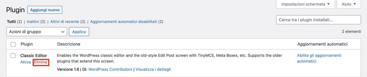 disinstallare i plugin di wordpress tramite il pulsante Elimina