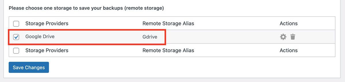 Selezione di Google Drive come spazio di archiviazione per WPVivid