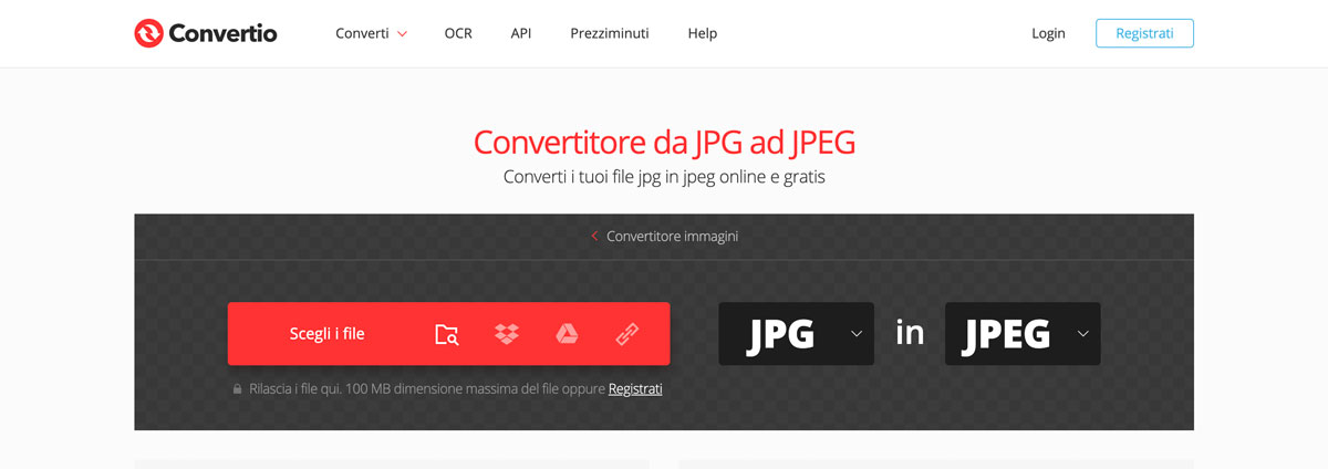 Il convertitore online convertio per convertire immagini dsa jpg a jpeg