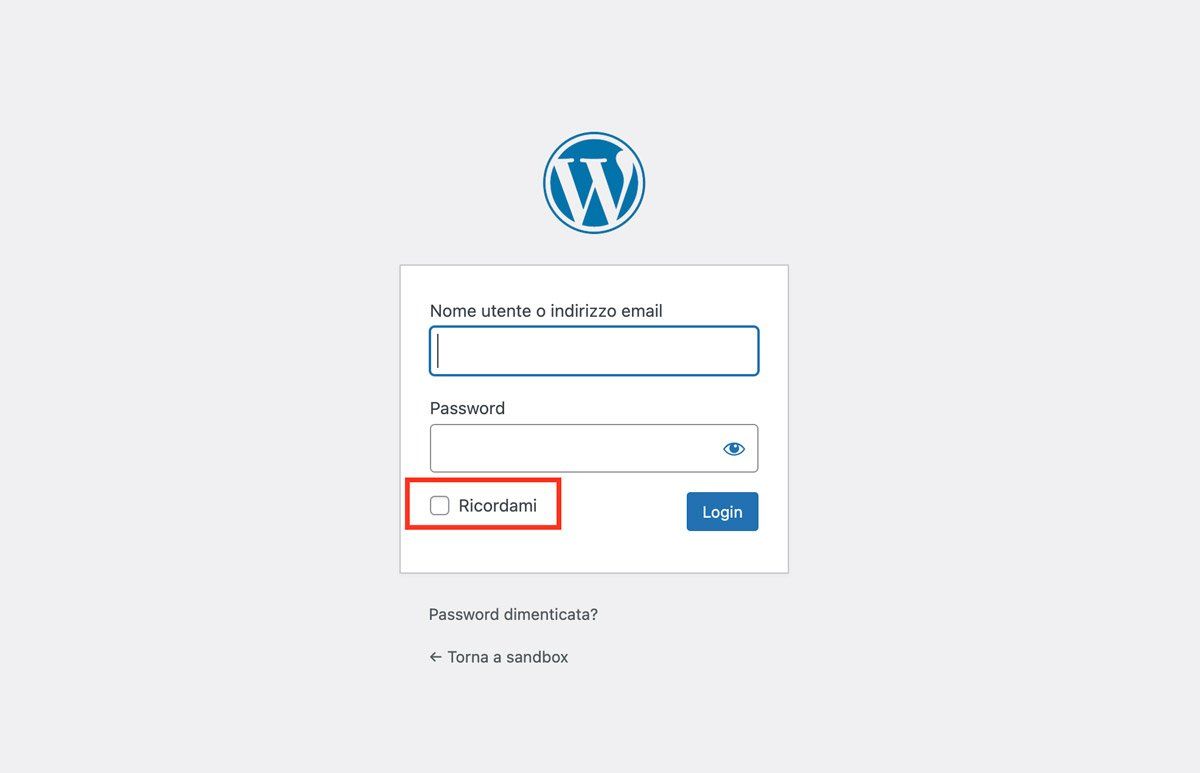 L'opzione "ricordami" nella pagina di accesso di WordPress.