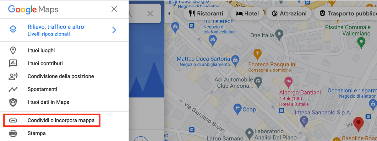 L'opzione di menu per condividere o incorporare una mappa di Google.