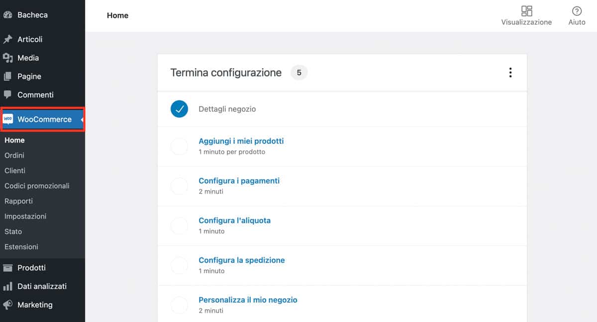 La dashboard del plugin WooCommerce in WordPress.