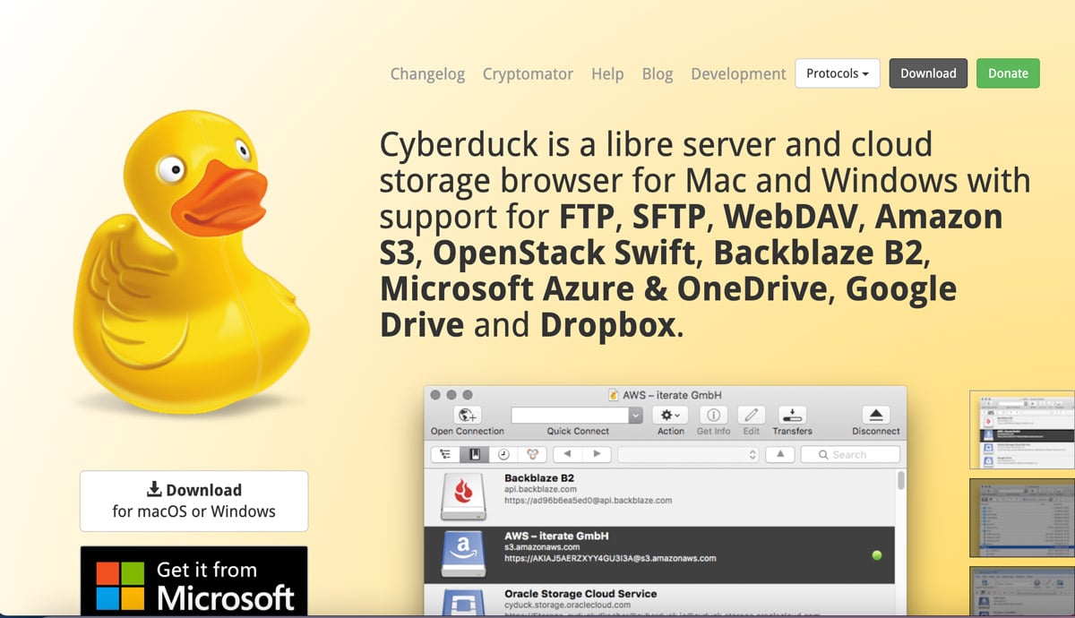 La homepage di cyberduck Client FTP per WordPress.