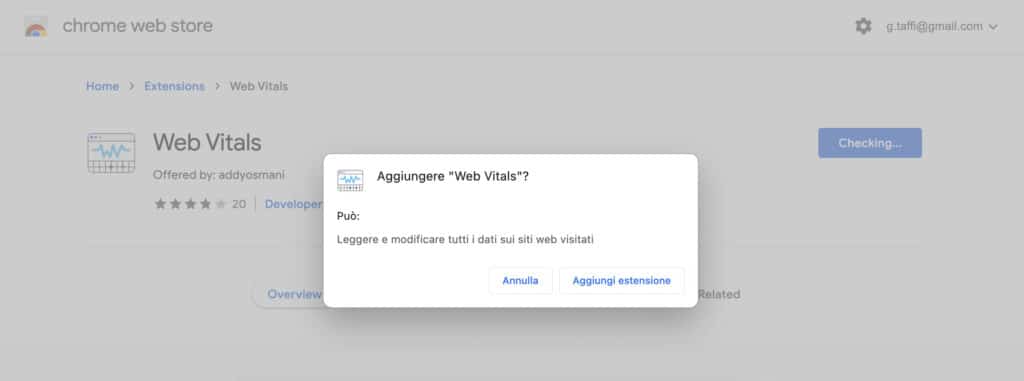 Aggiunta dell'estensione Chrome Web Vitals.