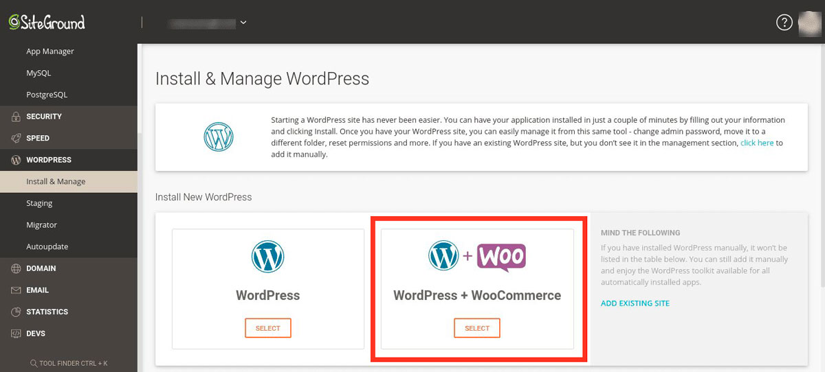 L'opzione di installazione con un clic di WordPress e WooCommerce nella dashboard dell'utente di SiteGround