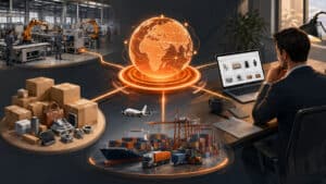 Alibaba rappresentato come collegamento tra produttori, merci, logistica e buyer internazionali