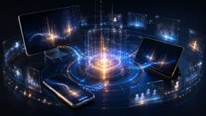 Ecosistema calendario digitale con smartphone, tablet e desktop sincronizzati attorno a un nucleo temporale centrale