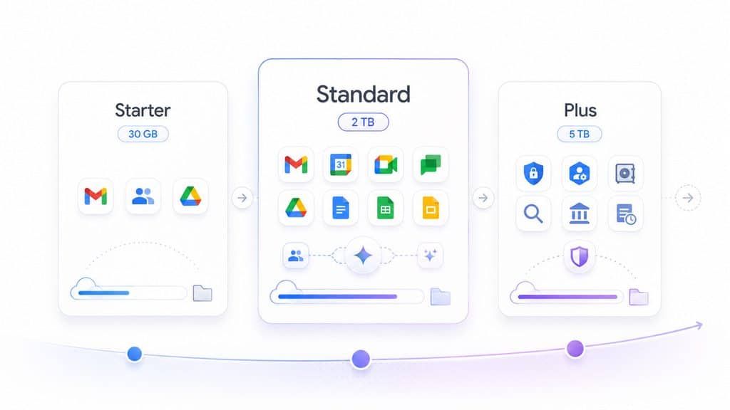 Google Workspace: cos'è, come funziona, prezzi e quale piano scegliere 1 Confronto visuale tra Google Workspace Business Starter, Standard e Plus per capacità, collaborazione e governance