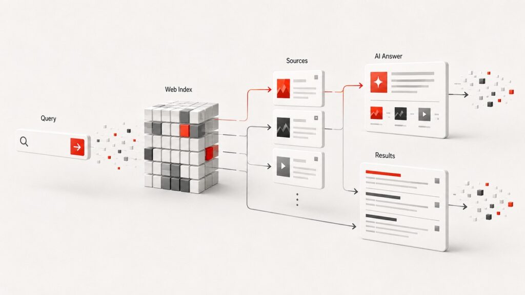 Yandex: cos’è, come funziona e come fare SEO sul motore di ricerca russo 1 Schema concettuale di Yandex AI dalla query alle fonti web e alla risposta generata