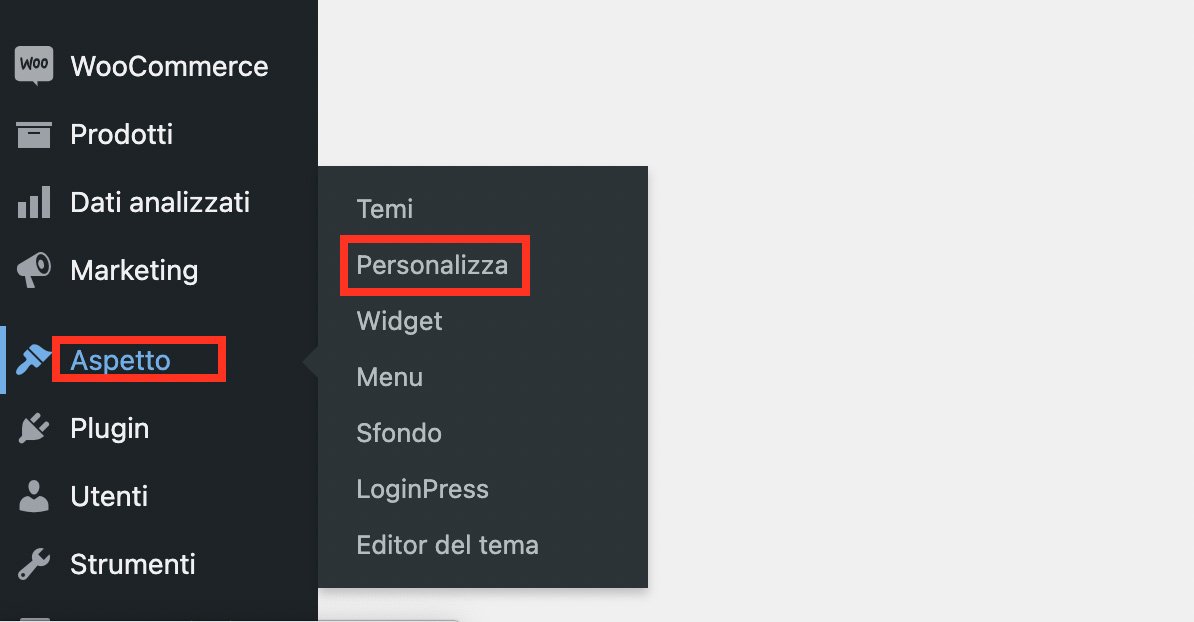 L'opzione "Personalizza" nel menu Aspetto dell'amministrazione di WordPress.