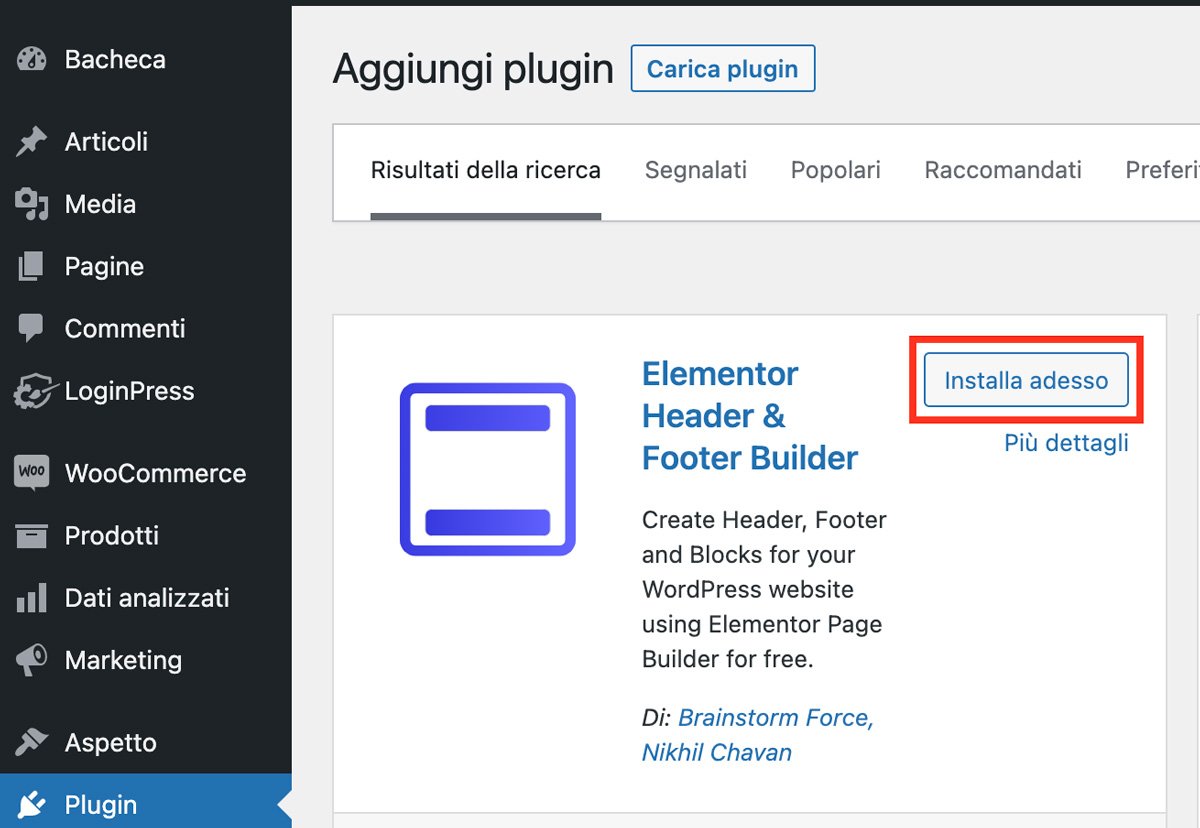 L'opzione per installare il plugin Elementor Footer Template in WordPress.