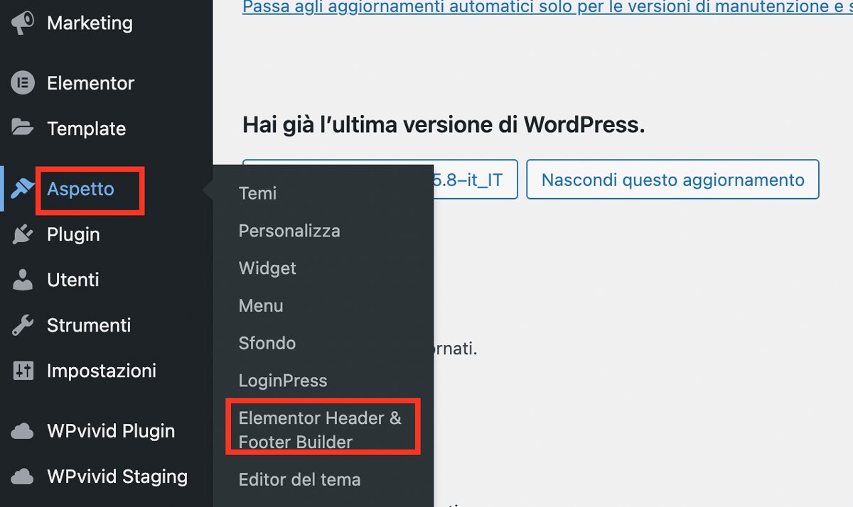 La voce di menu del plug-in "Header Footer & Blocks" nella dashboard di WordPress.