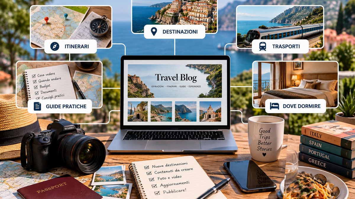 Come aprire un blog di viaggi: guida completa per partire e farlo crescere 1 Architettura di un travel blog con destinazioni, itinerari, guide pratiche, alloggi, esperienze e trasporti