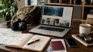 Postazione con laptop, fotocamera, mappa e taccuino per creare un blog di viaggi