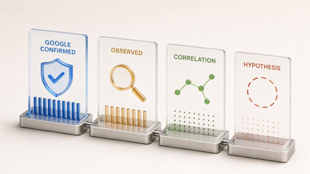 Fattori di ranking Google: quali contano davvero e cosa sappiamo con certezza 1 Quattro livelli di evidenza SEO: Google Confirmed, observed, correlation e hypothesis
