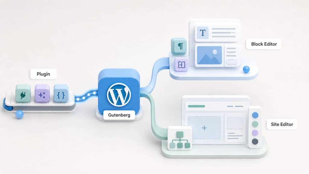 WordPress Gutenberg: cos’è, come funziona e come usare l’editor a blocchi 1 Schema visuale che distingue Gutenberg, Block Editor, Site Editor e plugin WordPress Gutenberg in WordPress