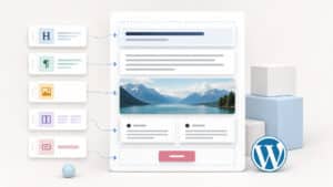 Rappresentazione di WordPress Gutenberg con una pagina composta da blocchi modulari di testo, immagini e layout