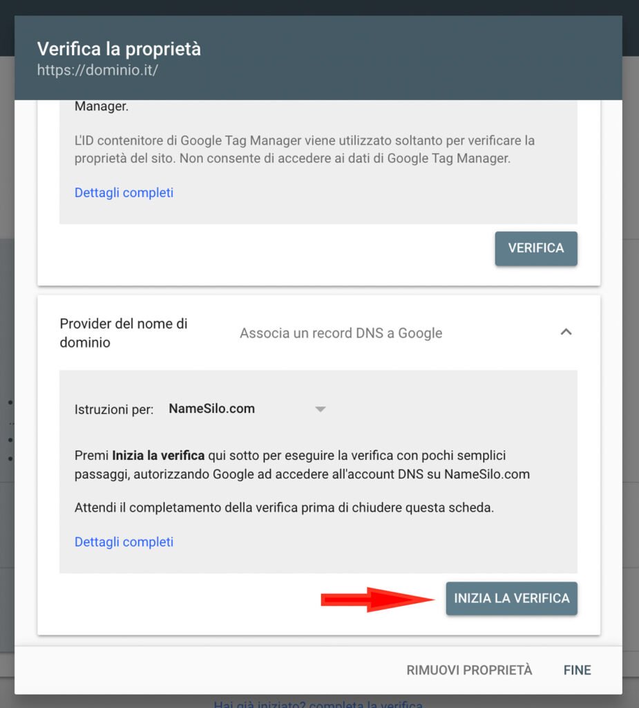 aggiungi il sito WordPress a Google Search Console - avvia la verifica