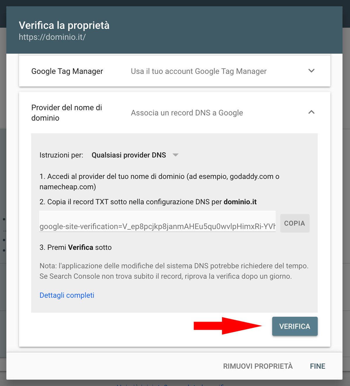 verifica la proprietà gsc usando dns