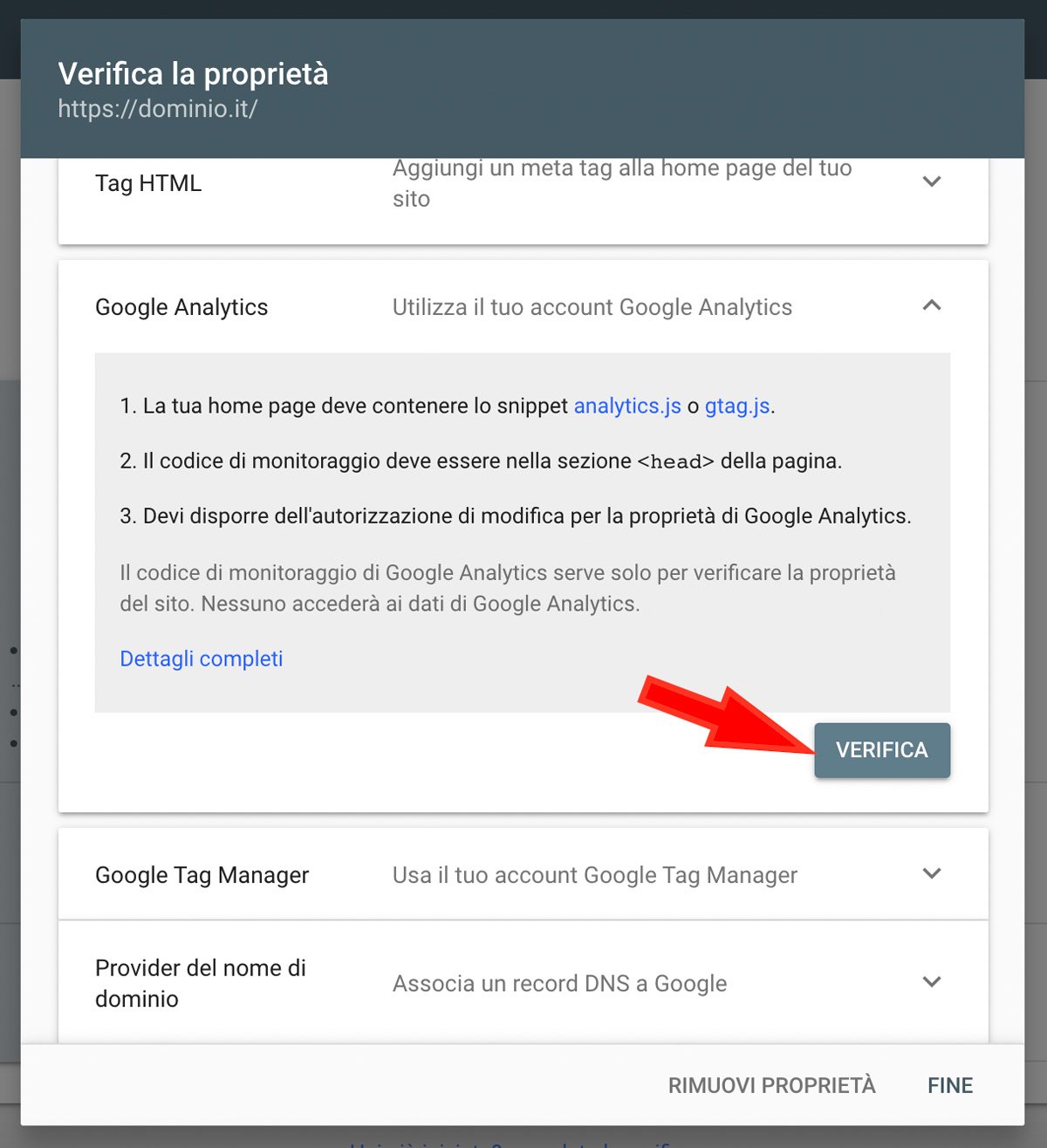 aggiungi il sito WordPress a Google Search Console - verifica analytics