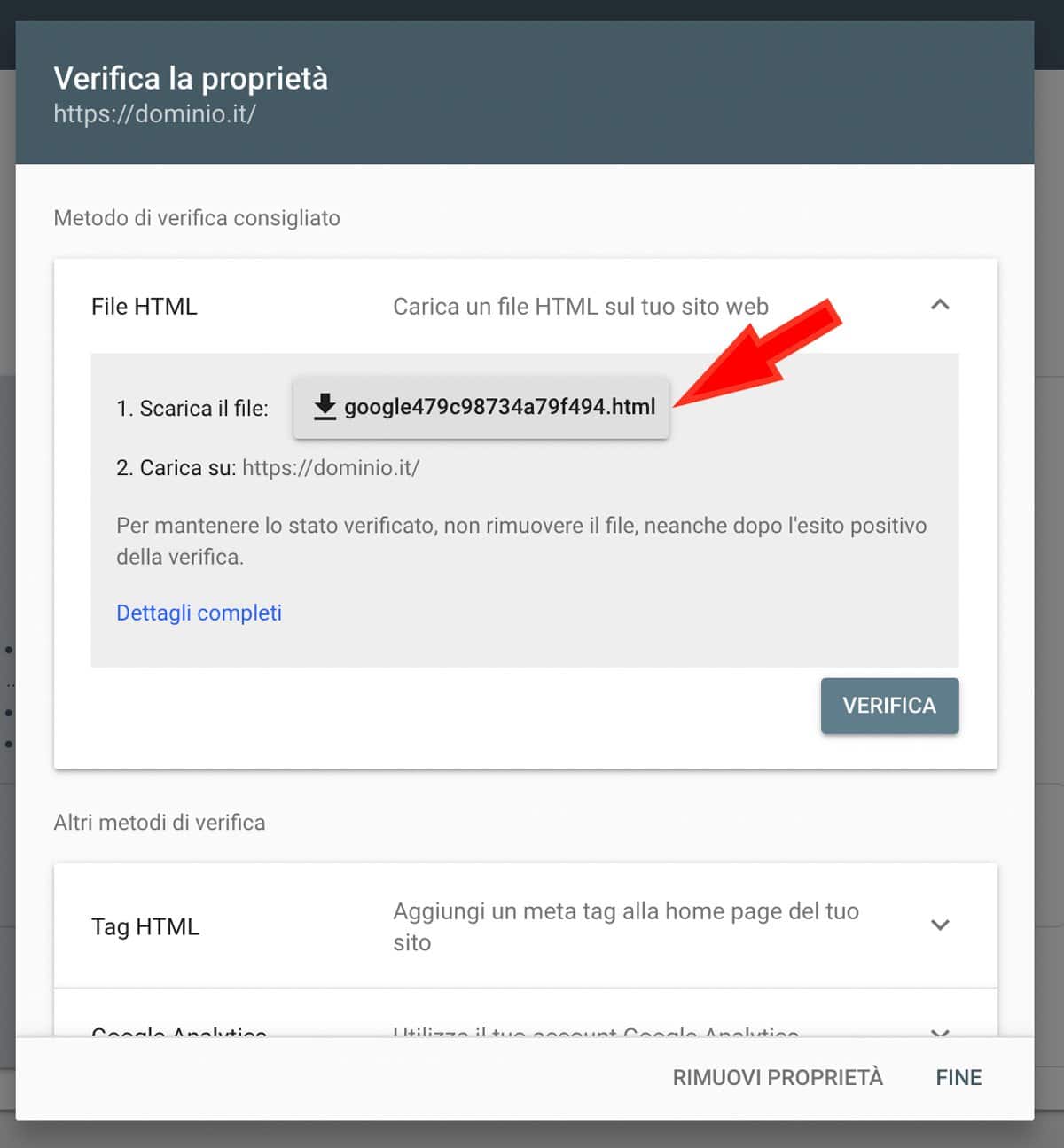 aggiungi il sito WordPress a Google Search Console - verifica html