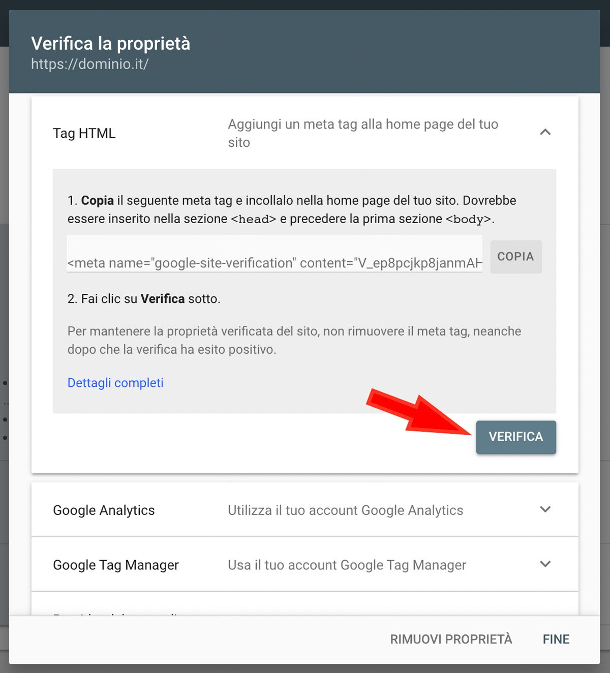 aggiungi il sito WordPress a Google Search Console - verifica il metodo del tag html