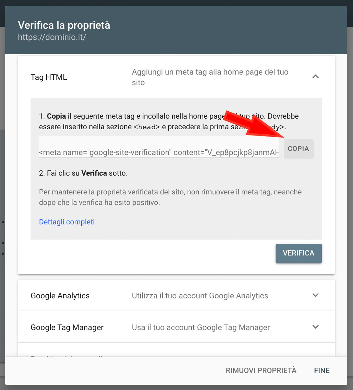 aggiungi il sito WordPress a Google Search Console - copia il meta tag html