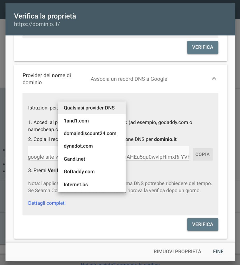aggiungi il sito WordPress a Google Search Console - provider di nomi di dominio
