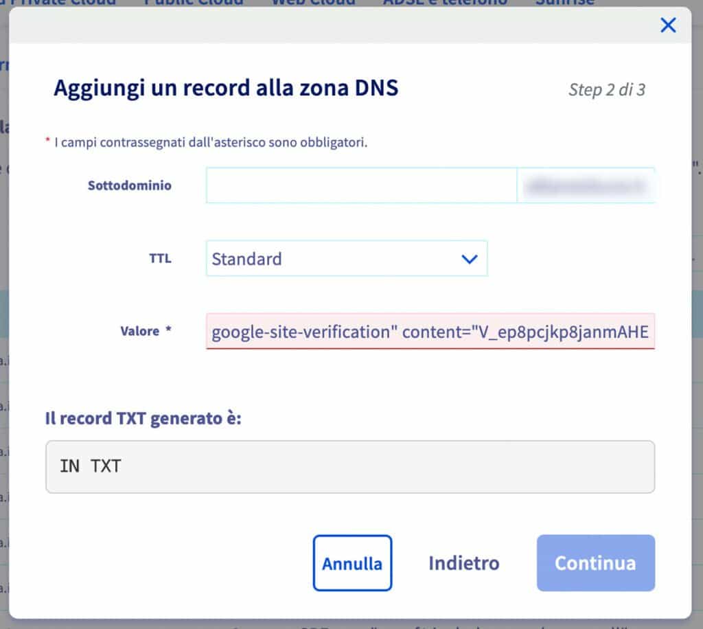 aggiungi il sito WordPress a Google Search Console - invia record txt