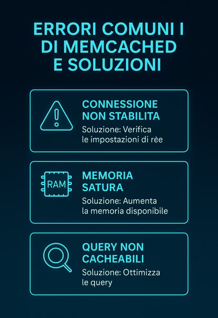 Box informativo sugli errori comuni di Memcached su WordPress, con soluzioni per connessioni non stabilite, memoria satura e query non cacheabili.