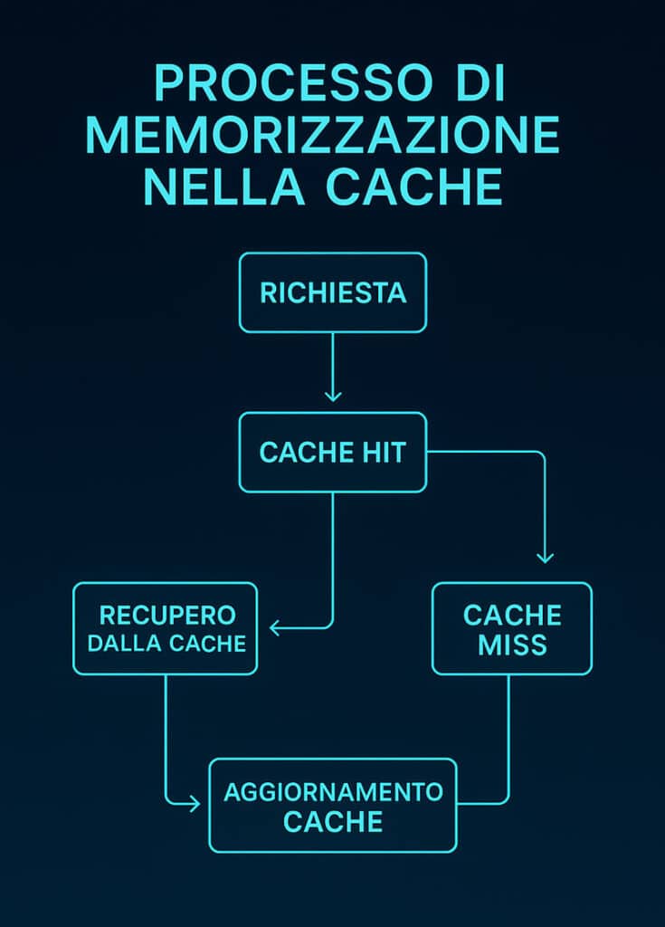 Diagramma di flusso del processo di memorizzazione nella cache con Memcached su WordPress, evidenziando cache hit, cache miss e aggiornamento cache.