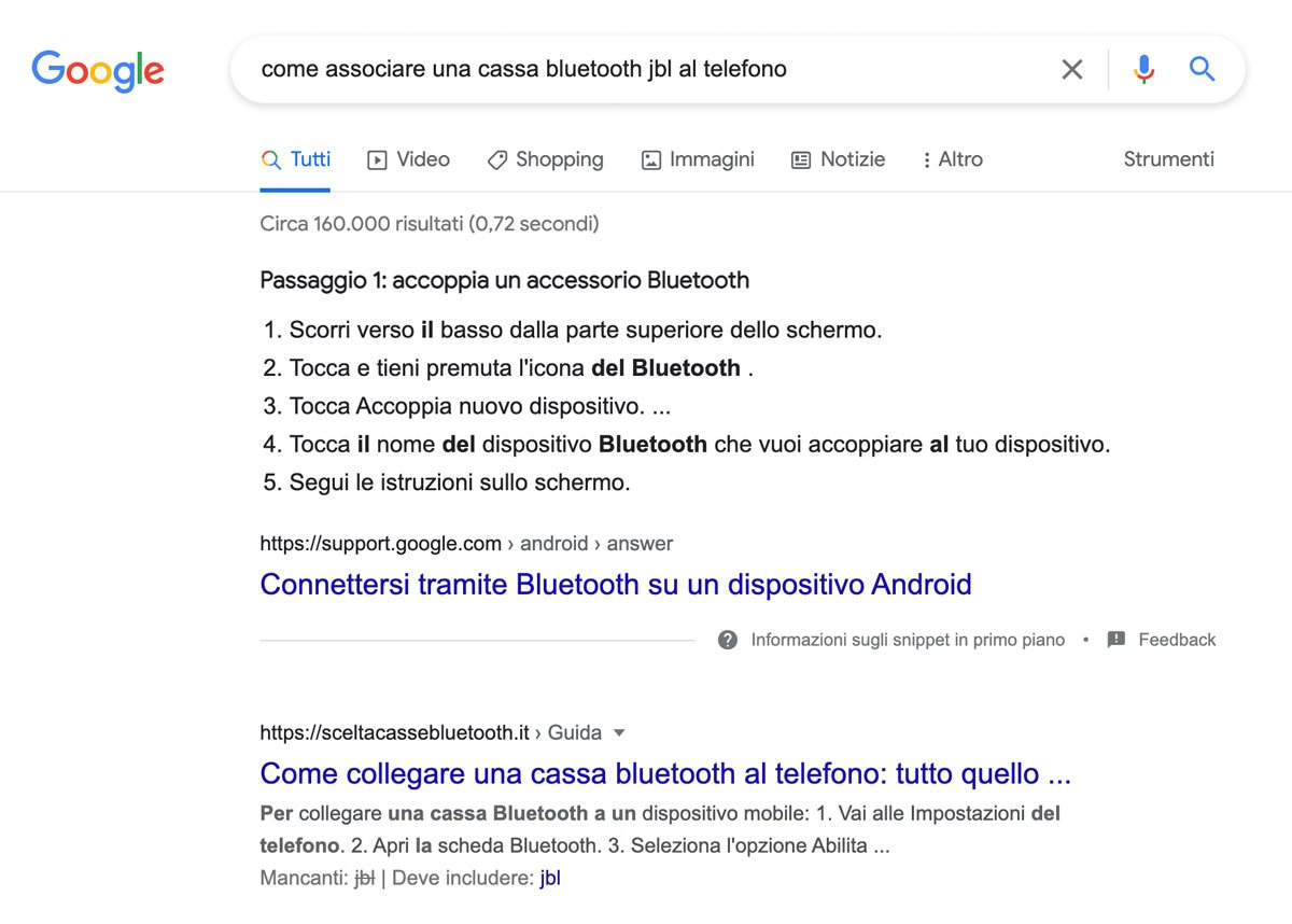 Screenshot che mostra i risultati informativi della query di ricerca "come associare una cassa bluetooth JBL al telefono"