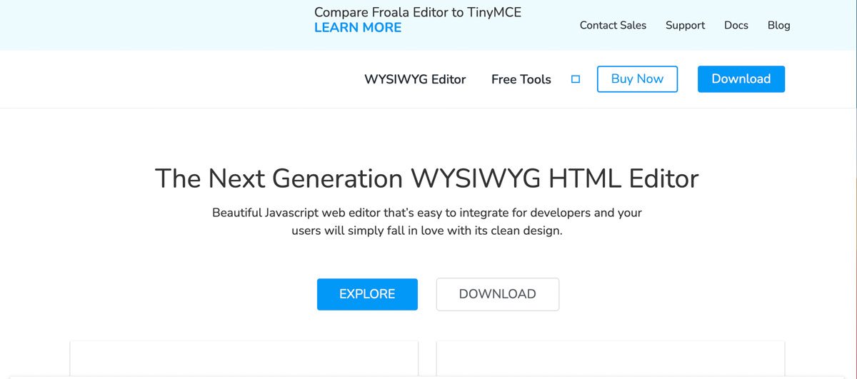 Schermata del sito web di Froala editor HTML WYSIWYG