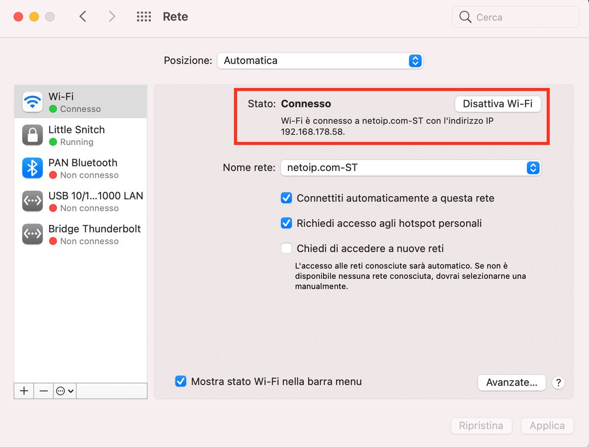 Screenshot dalla sezione Rete del Mac che mostra dove trovare il tuo indirizzo ip