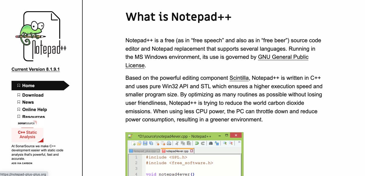 homepage dell'editor html notepad++