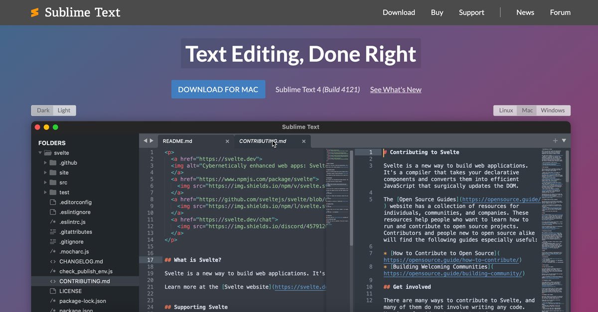 Schermata del sito Web Sublime Text