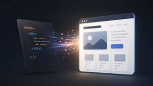 Editor HTML con codice che si trasforma nella struttura visuale di una pagina web