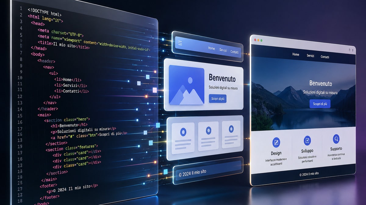 Editor HTML: i migliori programmi per scrivere e modificare codice HTML 1 Codice HTML collegato alla composizione e all'anteprima visuale di una pagina web
