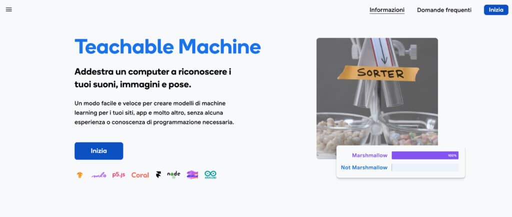 Schermata della homepage di Teachable Machine, una piattaforma di machine learning sviluppata da Google per addestrare modelli di riconoscimento di suoni, immagini e pose in modo intuitivo.