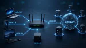 Schema visivo di dispositivi collegati a un router che comunica con Internet tramite indirizzi IP