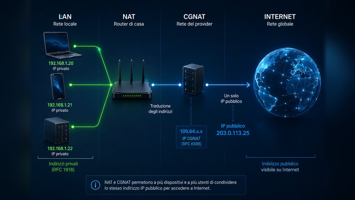 Indirizzo IP: cos’è, a cosa serve e come trovarlo 1 Schema di dispositivi con IP privati che condividono un indirizzo IP pubblico tramite router, NAT e CGNAT