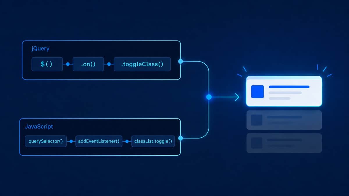 jQuery: cos’è, a cosa serve e quando usarlo oggi 1 Confronto visivo tra API jQuery e JavaScript nativo per modificare lo stesso elemento DOM