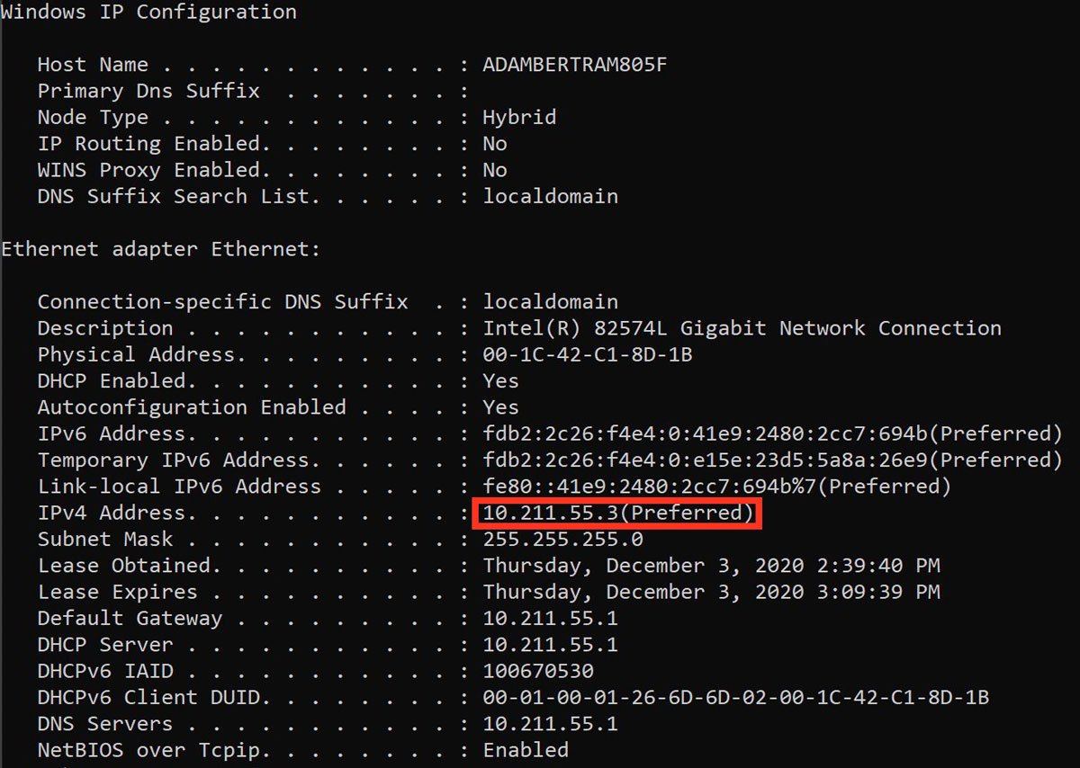 Screenshot dall'app del prompt dei comandi che mostra il tuo indirizzo IPv4