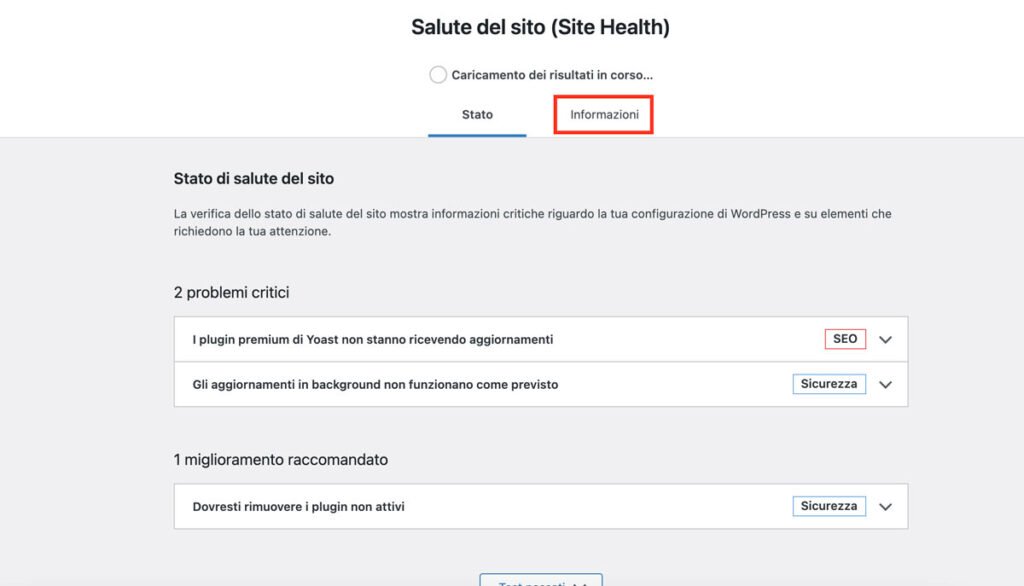 La scheda Informazioni sulla salute del sito.
