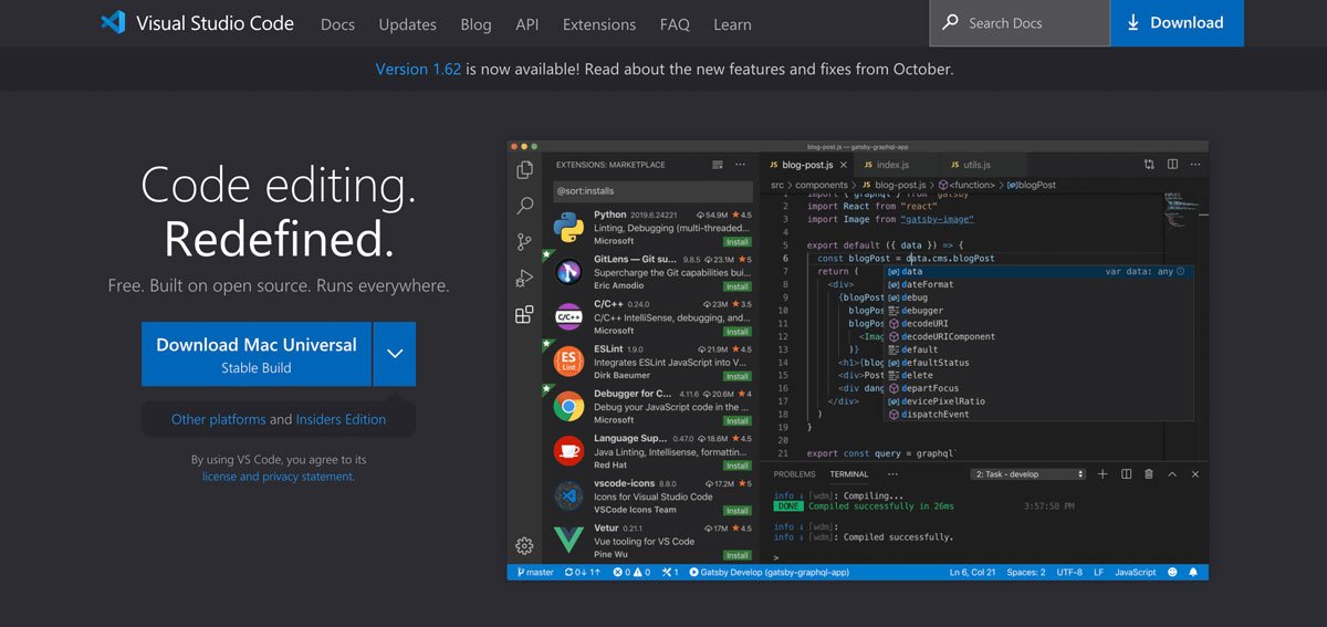 Screenshot del sito Web di Visual Studio Code
