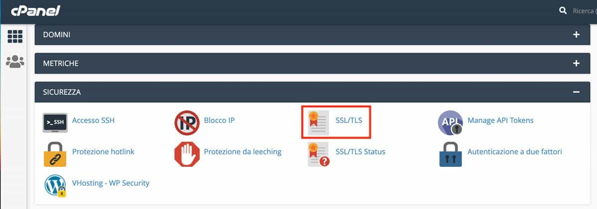 Sezione avanzata di cPanel, evidenziando SSL