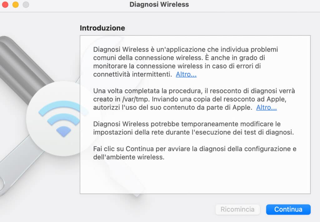 Impostazioni di diagnostica wireless in Mac per risolvere l'errore il Server DNS non risponde