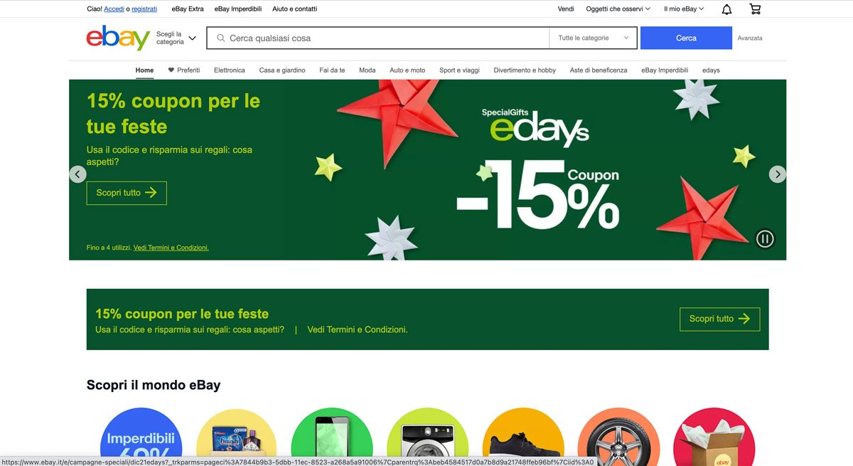 La home page del sito e-commerce di eBay.