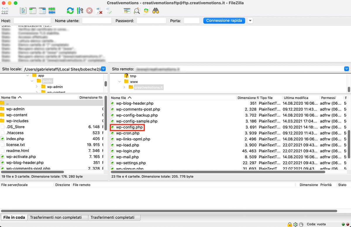 Il file wp-config.php nella directory /public_html su FileZilla.